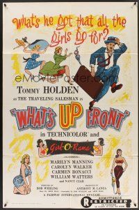1a972 WHAT'S UP FRONT 1sh '64 Tommy Holden as bra salesman, wacky & sexy artwork!