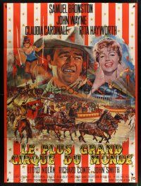 1b027 CIRCUS WORLD French 1p '65 best art of Claudia Cardinale & John Wayne by Jean Mascii!