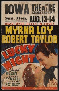 1b537 LUCKY NIGHT WC '39 romantic artwork of Myrna Loy & Robert Taylor, gambling!