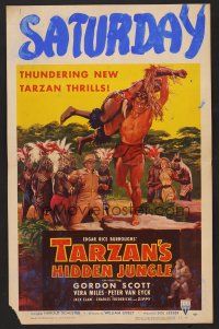 1b600 TARZAN'S HIDDEN JUNGLE WC '55 cool artwork of Gordon Scott as Tarzan throwing native guy!