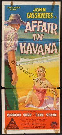 1d238 AFFAIR IN HAVANA Aust daybill '57 John Cassavetes, stone litho of Shane in swimsuit on beach!