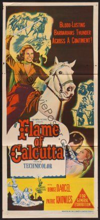 1d317 FLAME OF CALCUTTA Aust daybill '53 stone litho of Denise Darcel with sword on horseback!