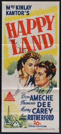 1d338 HAPPY LAND Aust daybill '43 Don Ameche's son dies in WWII & a ghost shows him why!