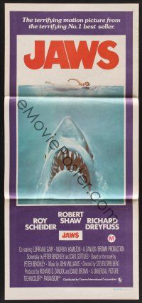 1d358 JAWS Aust daybill '75 Steven Spielberg classic, man-eating shark attacks sexy swimmer!