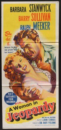 1d361 JEOPARDY Aust daybill '53 Barbara Stanwyck struggling with Ralph Meeker, film noir!
