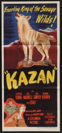 1d367 KAZAN Aust daybill '49 James Oliver Curwood's great dog adventure, cool stone litho!
