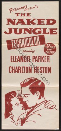 1d407 NAKED JUNGLE Aust daybill R60 romantic close up of Charlton Heston & Eleanor Parker, George Pa