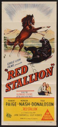 1d442 RED STALLION Aust daybill '47 cool artwork of wild horse fighting grizzly bear!