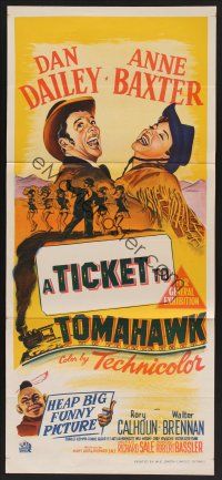 1d507 TICKET TO TOMAHAWK Aust daybill '50 Dan Dailey & Anne Baxter in a heap big funny picture!