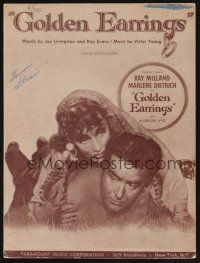 1e787 GOLDEN EARRINGS sheet music '47 artwork of sexy gypsy Marlene Dietrich & Ray Milland!