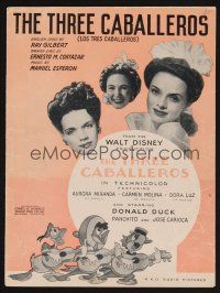 1e902 THREE CABALLEROS sheet music '44 great artwork of Donald Duck, Panchito & Joe Carioca!