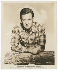 1e289 WILLIAM HOLDEN signed 8x10 still '51 great close portrait leaning on log fence!