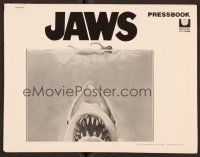 1f480 JAWS pressbook '75 art of Steven Spielberg's classic man-eating shark attacking sexy swimmer!