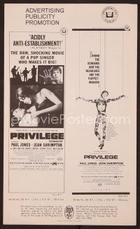 1f566 PRIVILEGE pressbook '67 Jean Shrimpton, a shocking movie of a pop singer who makes it big!