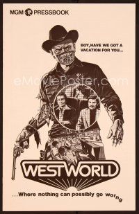 1f656 WESTWORLD pressbook '73 Michael Crichton, cool artwork of cyborg Yul Brynner by Neal Adams!