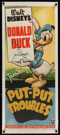 1g200 PUT-PUT TROUBLES linen long Aust daybill 40 full-length cartoon art of Disneys Donald Duck