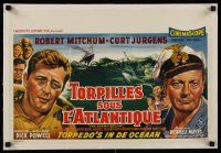 1g223 ENEMY BELOW linen Belgian '57 artwork of Robert Mitchum & Curt Jurgens in the Navy!