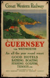 1g102 GREAT WESTERN RAILWAY GUERNSEY linen English travel poster '28 beach art by Harry Whincap!