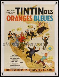 1g211 TINTIN ET LES ORANGES BLEUES linen French 23x32 '64 art by Herge, from his classic cartoon!