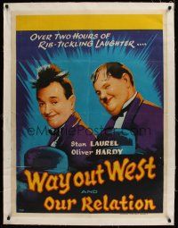 1g129 WAY OUT WEST/OUR RELATIONS linen Indian '60s great portrait of Stan Laurel & Oliver Hardy!
