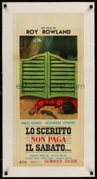 1g263 MAN CALLED GRINGO linen Italian locandina '65 art of dead cowboy at saloon door by Volcarenghi