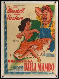 1g140 UNA GALLEGA BAILA MAMBO linen Mexican poster '51 cartoon art of sexy girl dancing the Mambo!