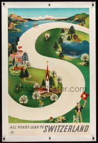 1g099 ALL ROADS LEAD TO SWITZERLAND linen Swiss travel poster '39 art by Herbert Leupin!