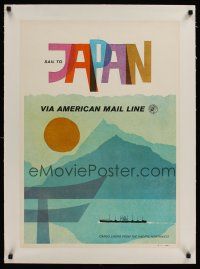 1g103 SAIL TO JAPAN linen travel poster '60s via cargo liners from the Pacific Northwest, cool art!