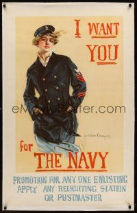 1g082 I WANT YOU FOR THE NAVY linen WWI war poster '17 art by Howard Chandler Christy!
