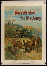 1g083 MEN WANTED FOR THE ARMY linen WWI poster '10s art of artillery & soldiers by Michael P. Whelan