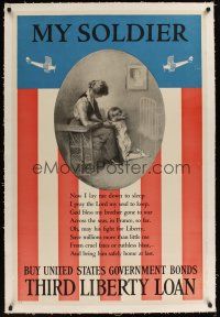 1g084 MY SOLDIER linen WWI war poster '17 great art of small child saying kid's prayer for soldiers!