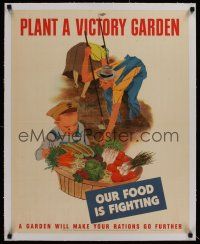 1g087 PLANT A VICTORY GARDEN linen WWII war poster '43 family grows food & does their part!