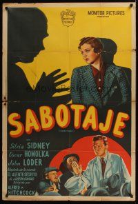 1h108 SABOTAGE Argentinean '36 Alfred Hitchcock, art of Sylvia Sidney menaced by shadow figure!