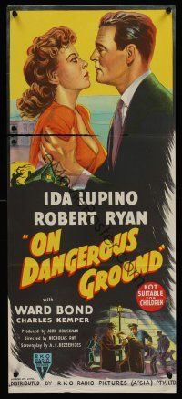 1h038 ON DANGEROUS GROUND Aust daybill '51 Nicholas Ray, stone litho of Robert Ryan & Ida Lupino!