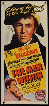 1h043 SMUGGLERS Aust daybill '47 stone litho of Redgrave & young Attenborough, The Man Within!