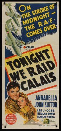 1h047 TONIGHT WE RAID CALAIS Aust daybill '43 Annabella, John Sutton, cool art of WWII planes!