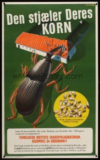 1j054 DEN STJAELER DERES KORN Danish pest control poster '46 art of giant weevil by Aage Rasmussen!