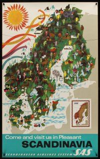 1j159 SCANDINAVIA Danish travel poster '63 Scandinavian Airlines, cool colorful map art by Clausen!