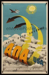 1j180 AMERICAN OVERSEAS AIRLINES English travel poster 1948 Lewitt-Him art of plane over clouds!