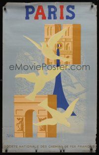 1j178 FRENCH NATIONAL RAILROADS French travel poster 1945 Paul Colin art of doves & French landmarks