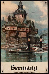 1j164 GERMANY PFALZGRAFENSTEIN ON THE RHINE German travel poster '60s cool castle artwork!