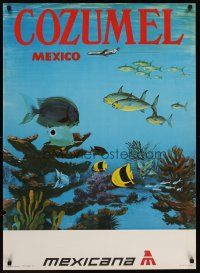 1j173 COZUMEL MEXICO Mexican travel poster '60s wonderful underwater artwork of tropical fish!