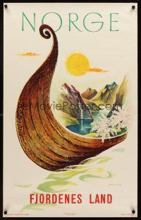 1j162 NORGE FJORDENES LAND Norwegian travel poster '57 Yran art of longship sailing through fjords!