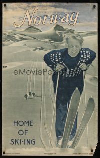1j161 NORWAY HOME OF SKI-ING Norwegian State Railways travel poster '48 men skiing in mountains!
