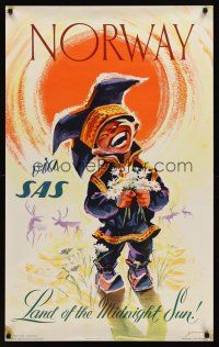 1j160 NORWAY LAND OF THE MIDNIGHT SUN Norwegian travel poster '58 Yran art of happy troll!