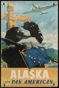 1j185 ALASKA PAN AMERICAN travel poster '50s cool image of airplane flying over Eskimo & totem pole!
