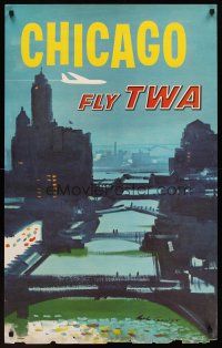 1j188 CHICAGO FLY TWA travel poster '60s cool artwork of the city by Austin Briggs!