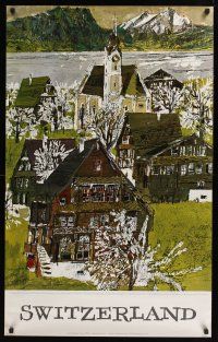 1j170 SWITZERLAND Swiss travel poster '60s wonderful art of town on Lake Lucerne by Hugo Wetli!
