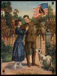 1j137 DUTY CALLS WWI war poster '17 cool art of soldier saying goodbye before going to war!