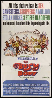 1s114 BUSY BODY 3sh '67 William Castle, great wacky art of entire cast by Frank Frazetta!